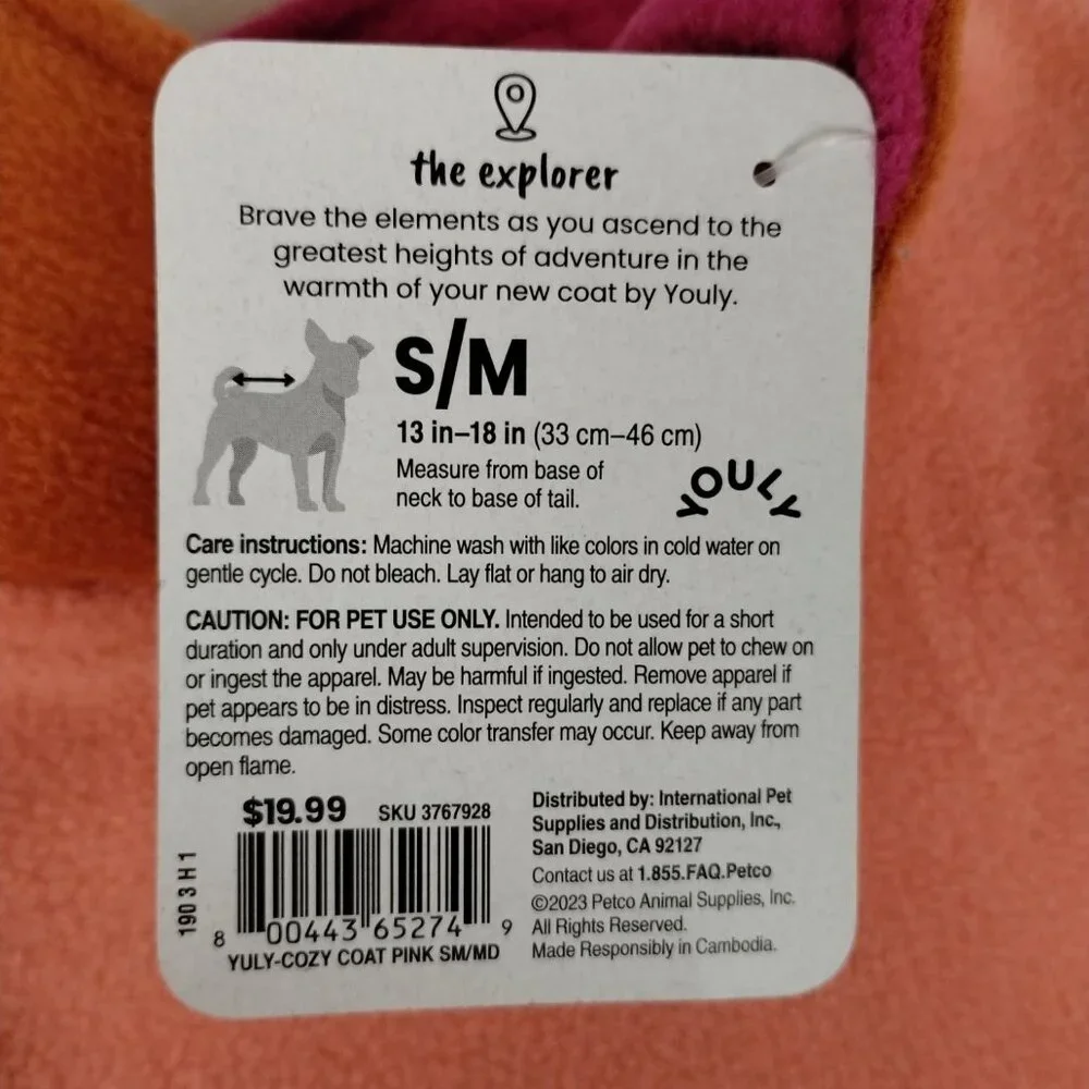 Reversible Pink and Orange Youly Explorer Pet Coat for Small to Medium Dogs